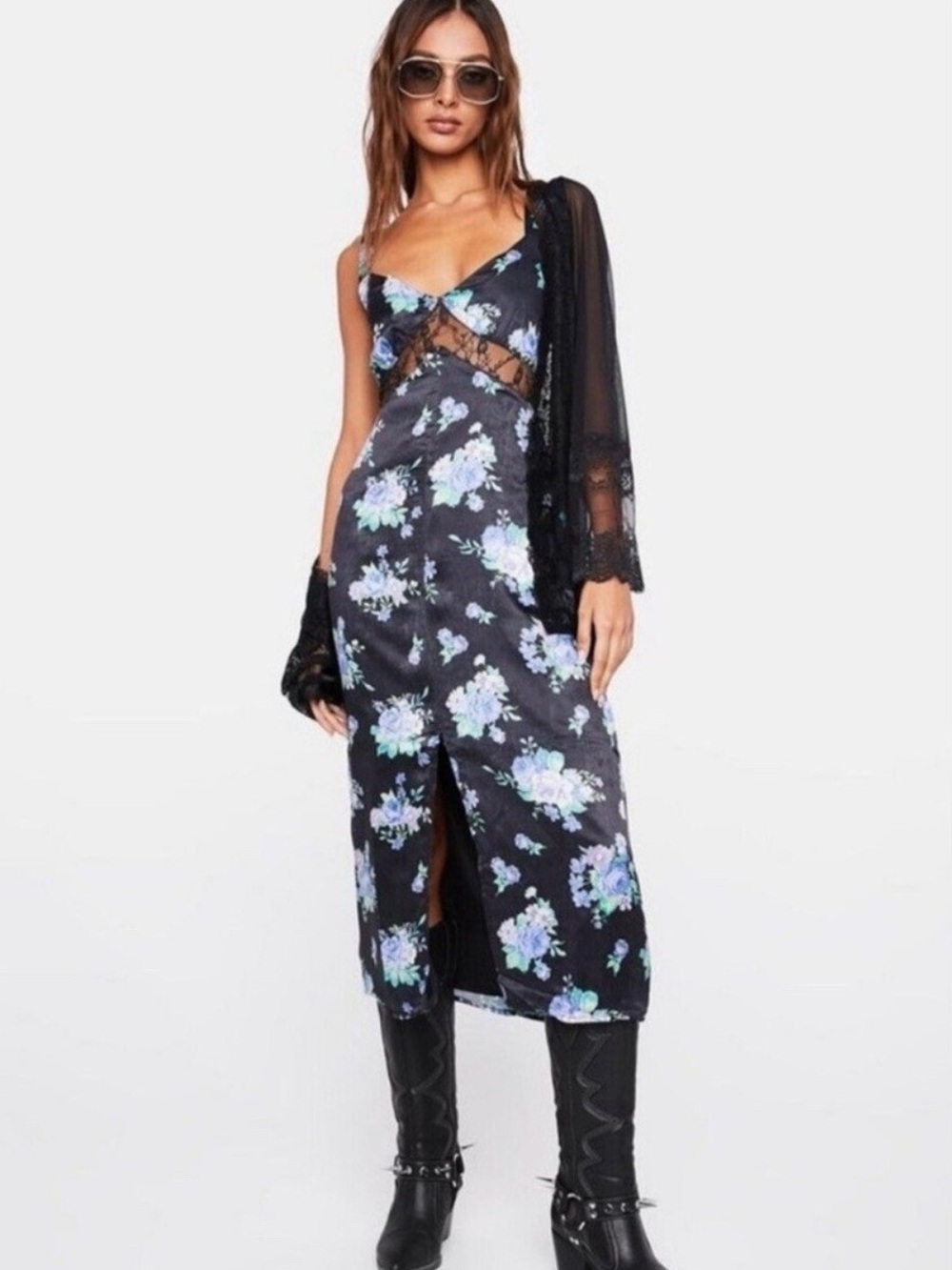 Revolve WeWoreWhat Golden Hour Satin Floral Midi Dress w/ Lace, Black & Blue – L